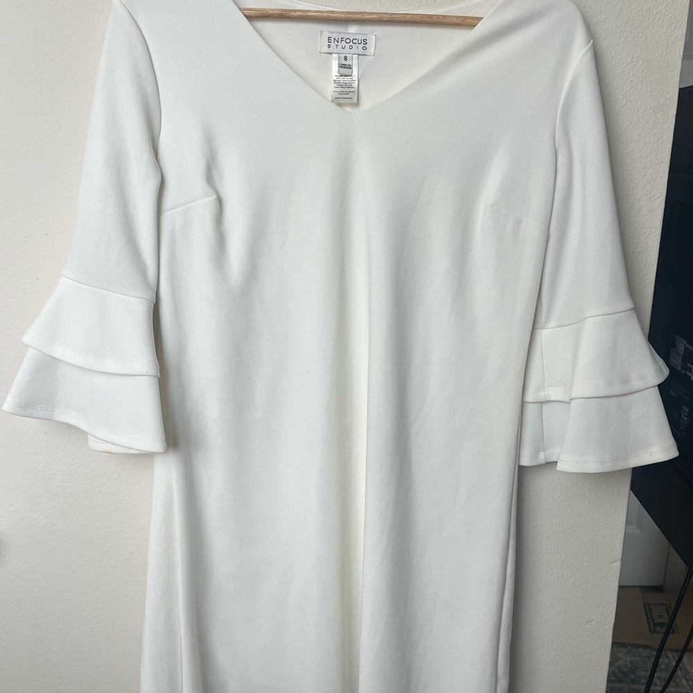 White Ruffle 3/4 Sleeve Midi Dress